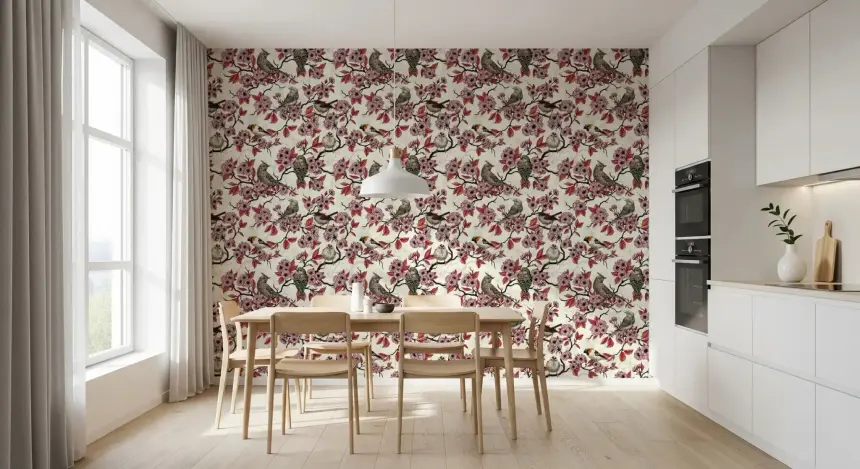 Birds and Cherry Blossom on Ivory Wallpaper