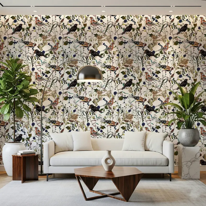 Birds & Berries Wintry Watercolor Wallpaper