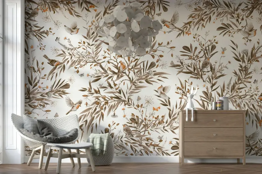 Birds & Blooms: Sepia Serenity Wall Mural