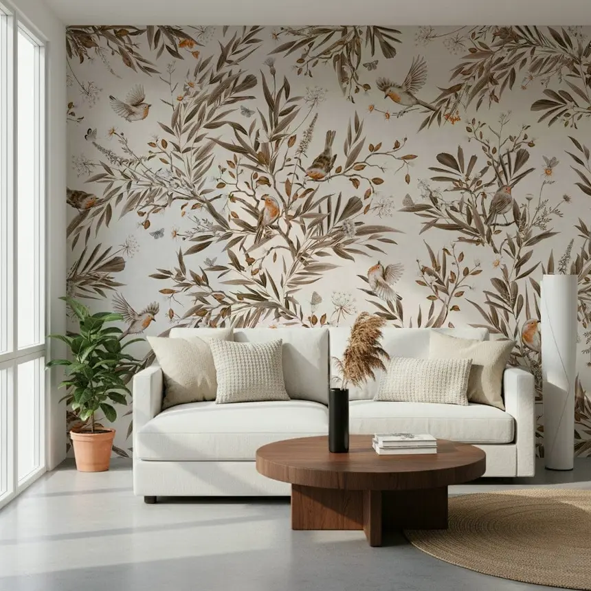 Birds & Blooms: Sepia Serenity Wall Mural