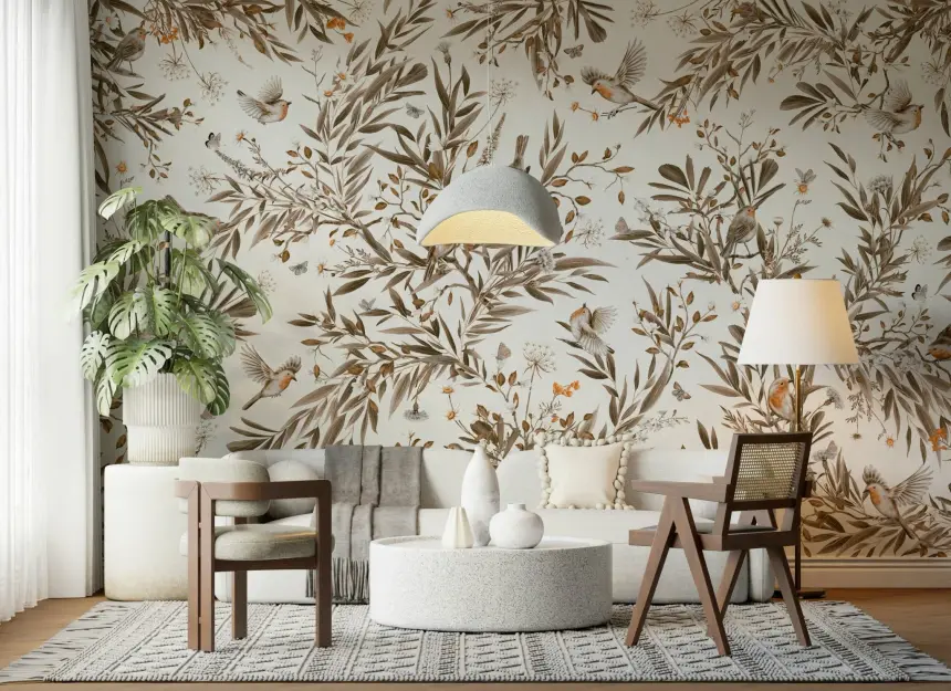Birds & Blooms: Sepia Serenity Wall Mural