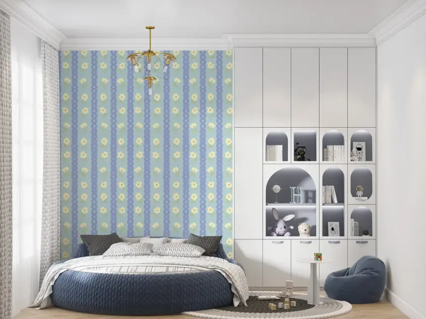 Blue Bloom Stripes Wallpaper