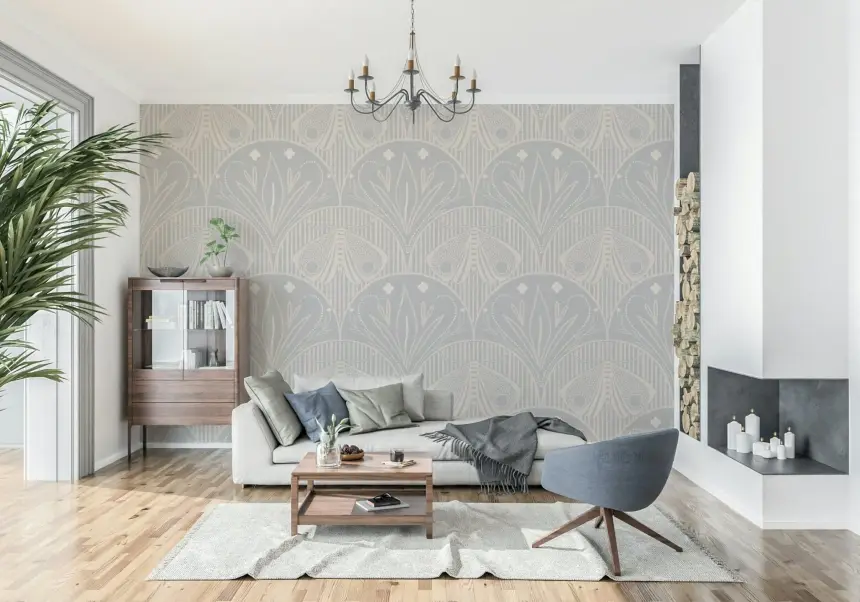 Boho Art Nouveau Scallop Butterfly Floral in Light Grey Wallpaper