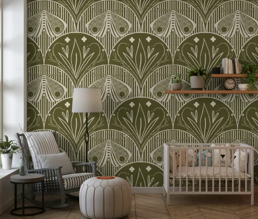 Boho Art Nouveau Scallop Butterfly Floral in Olive Drab Wallpaper
