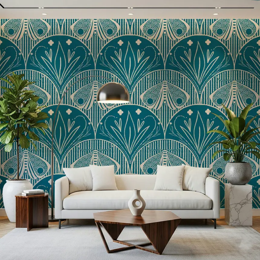 Boho Art Nouveau Scallop Butterfly Floral in Teal Blue Wallpaper