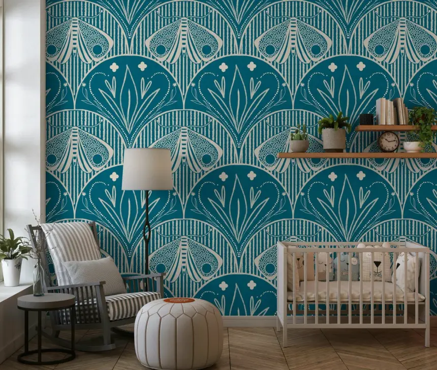 Boho Art Nouveau Scallop Butterfly Floral in Teal Blue Wallpaper