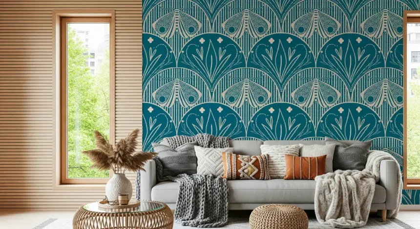 Boho Art Nouveau Scallop Butterfly Floral in Teal Blue Wallpaper