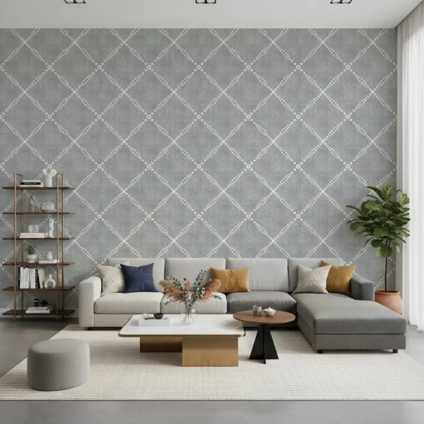 Boho Dotted Trellis Grunge Grey Clouds Wallpaper