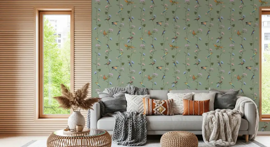 Botanical Birds in Soft Pastels Wallpaper