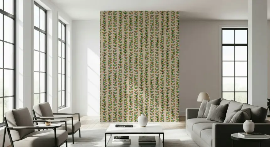 Climbing Vines Stripe Retro Leaves Off-White Wallpaper