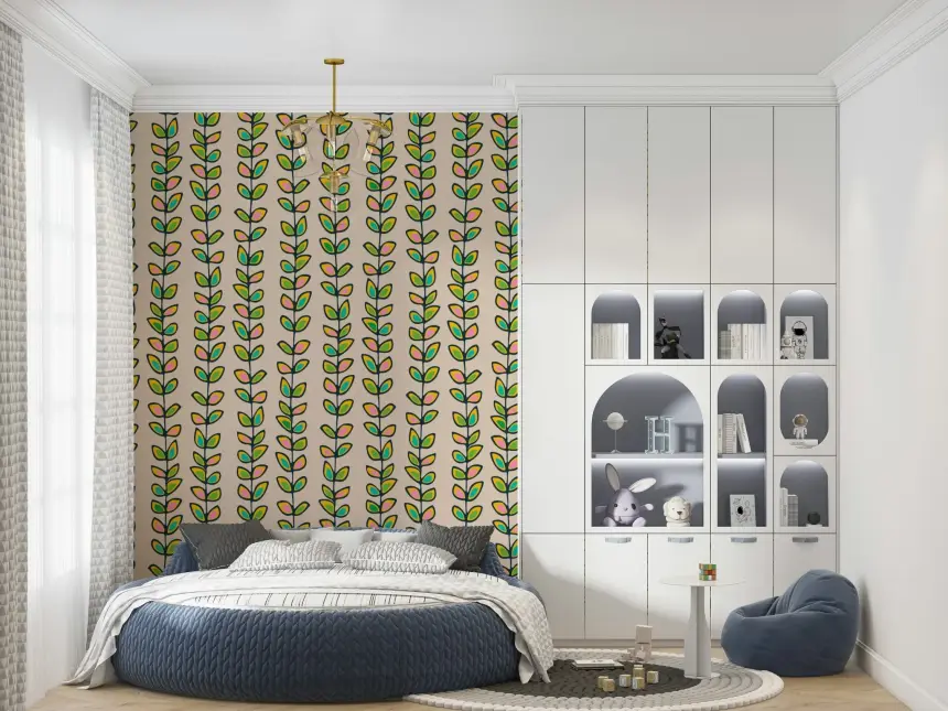 Climbing Vines Stripe Retro Leaves Off-White Wallpaper