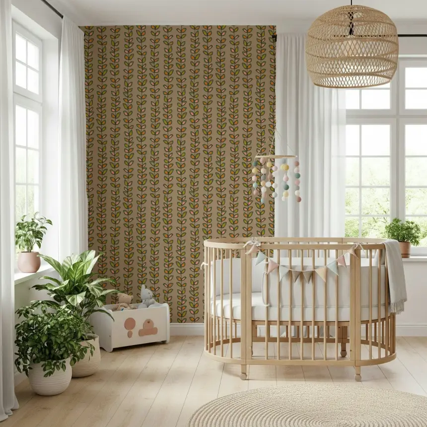 Climbing Vines Stripe Retro Leaves Warm Beige Wallpaper