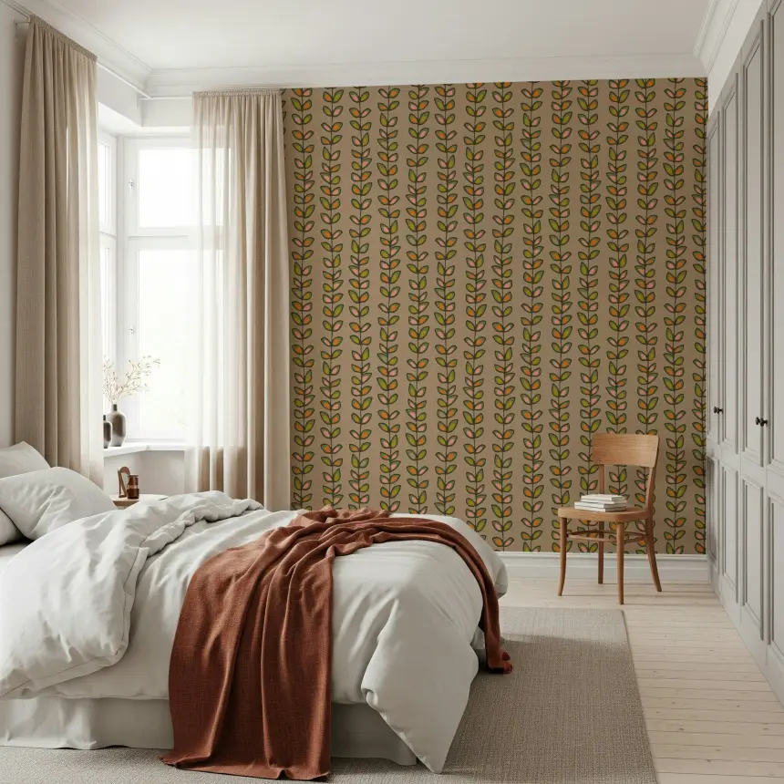 Climbing Vines Stripe Retro Leaves Warm Beige Wallpaper
