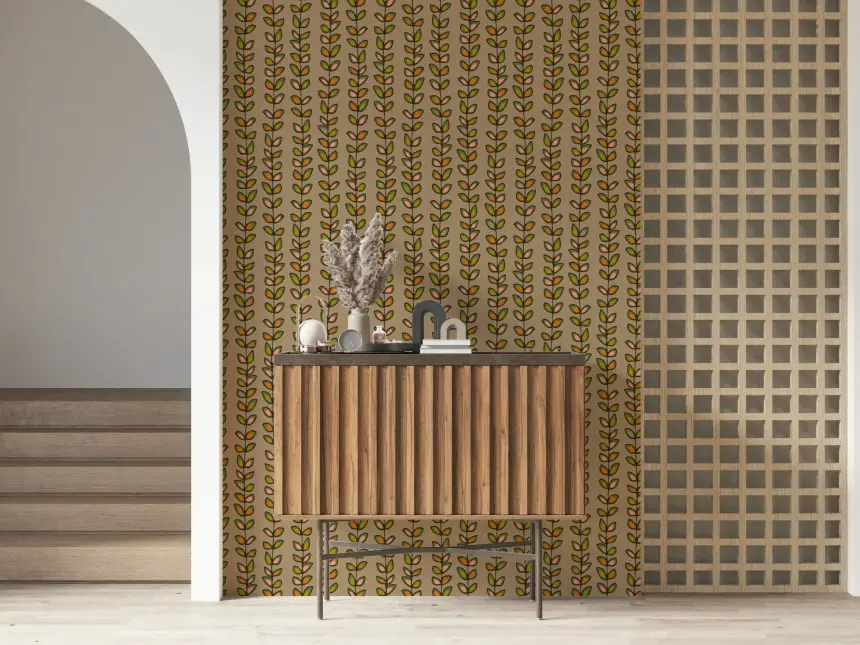Climbing Vines Stripe Retro Leaves Warm Beige Wallpaper