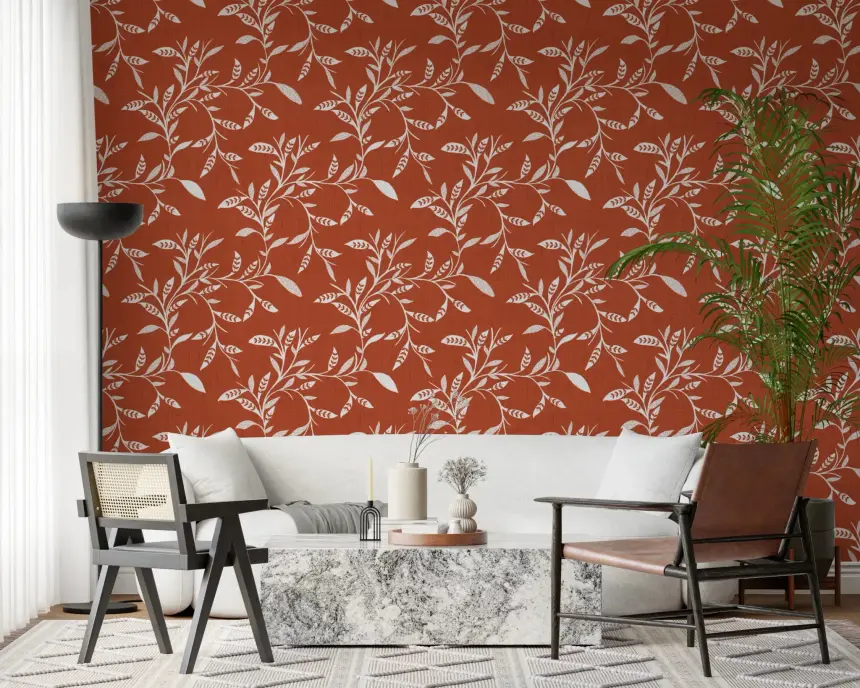 Cozy Scandi Folk Leaf Vine Burnt Terracotta - Craft Blender Wallpaper
