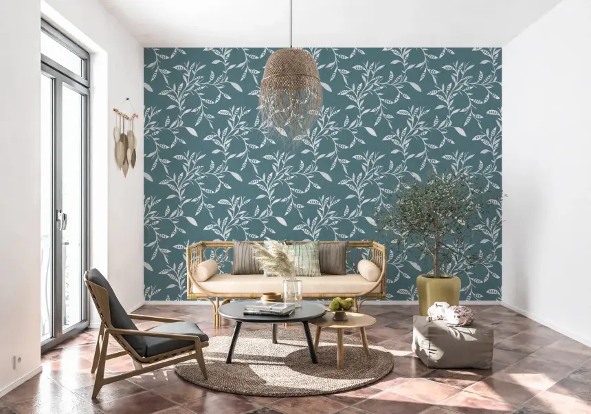 Cozy Scandi Folk Leaf Vine Nordic Blue Grey - Craft Blender Wallpaper