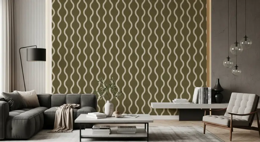 Cozy Scandi Folk Wavy Stripe Earthy Olive - Craft Stripe Wallpaper
