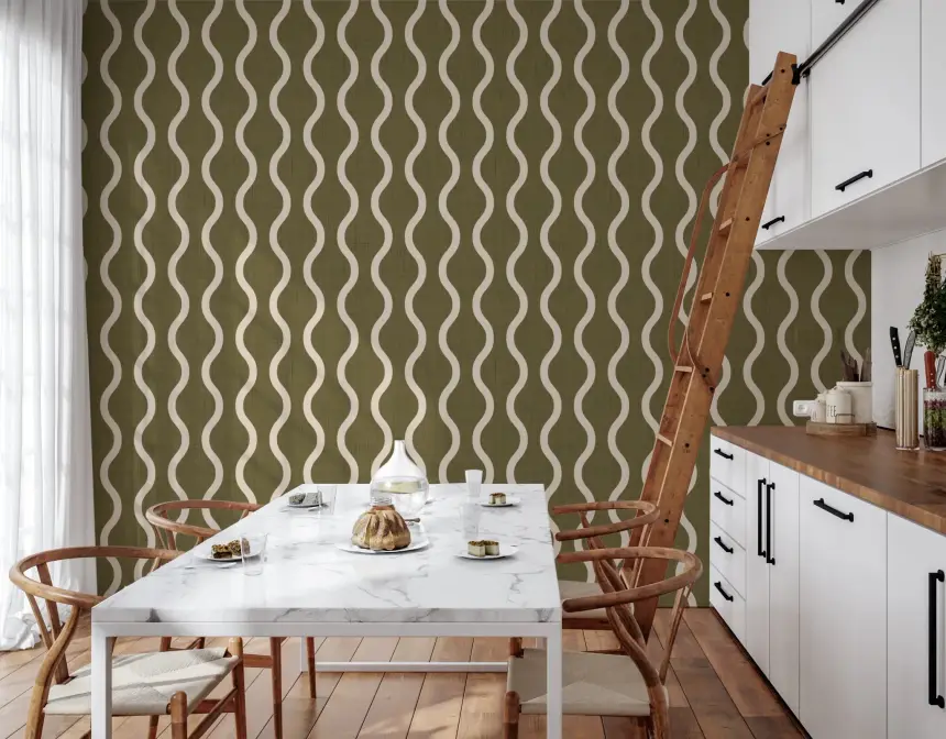 Cozy Scandi Folk Wavy Stripe Earthy Olive - Craft Stripe Wallpaper