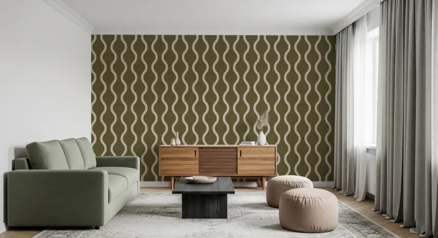 Cozy Scandi Folk Wavy Stripe Earthy Olive - Craft Stripe Wallpaper