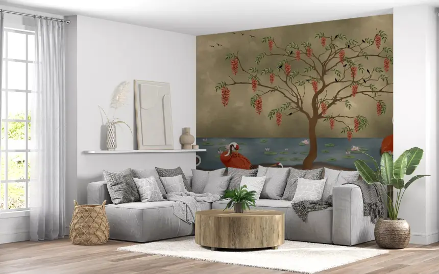 Crimson Cranes by Lotus Lake Wall Mural
