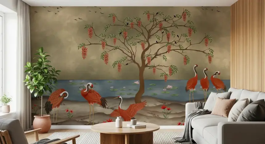 Crimson Cranes by Lotus Lake Wall Mural