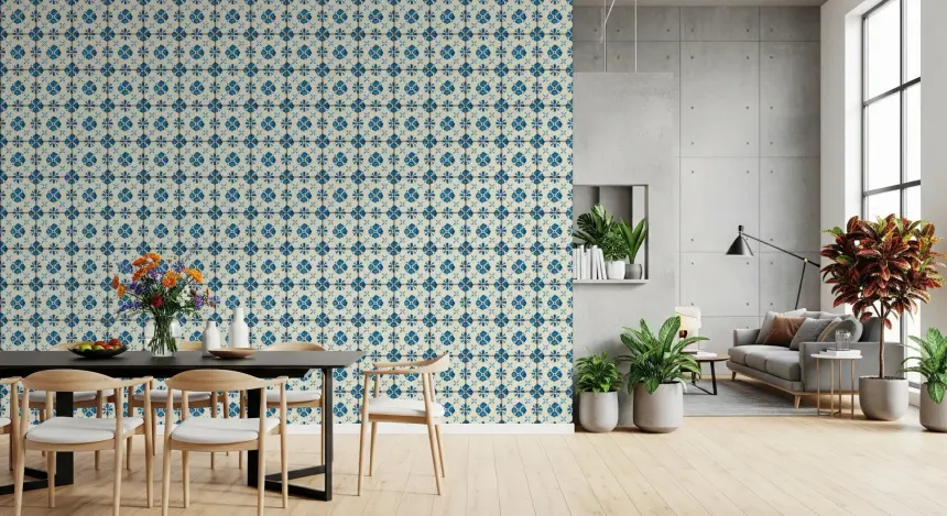 Farmhouse Classic Backsplash Blue Wallpaper