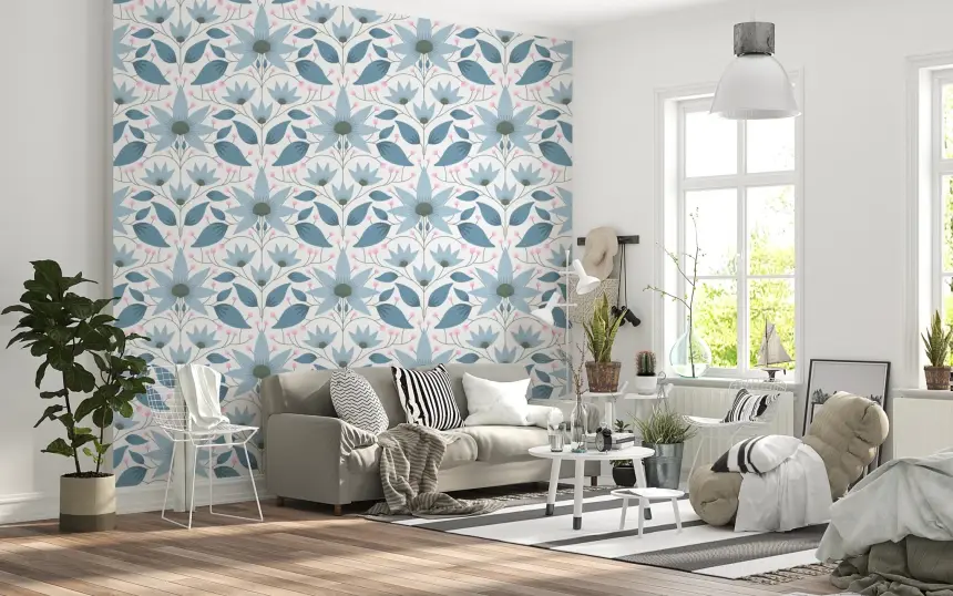 Floral Symmetry Blue Wallpaper