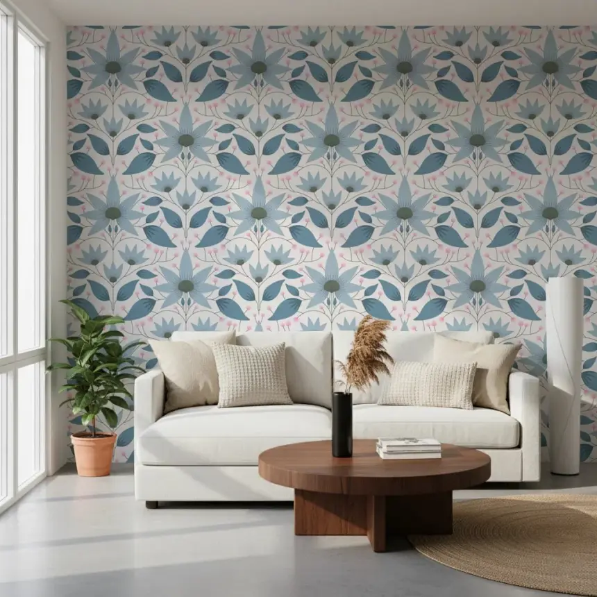 Floral Symmetry Blue Wallpaper