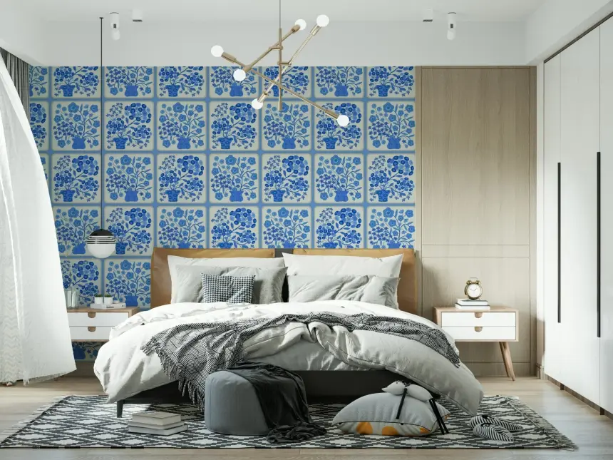 Flower Bouquet Tiles Floral Light Delft Blue and White Wallpaper