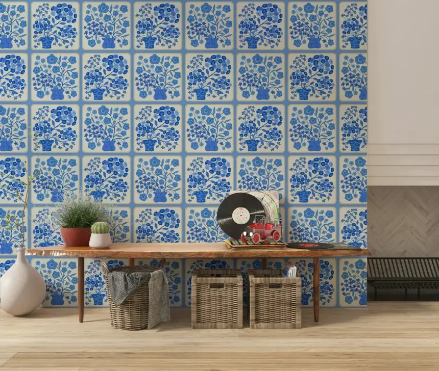 Flower Bouquet Tiles Floral Light Delft Blue and White Wallpaper