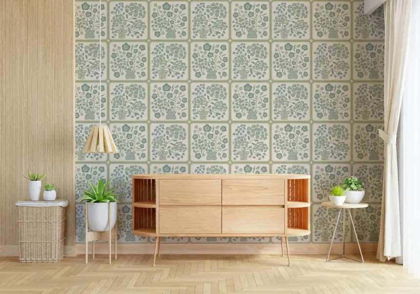 Flower Bouquet Tiles Floral Sage Green Blue Wallpaper