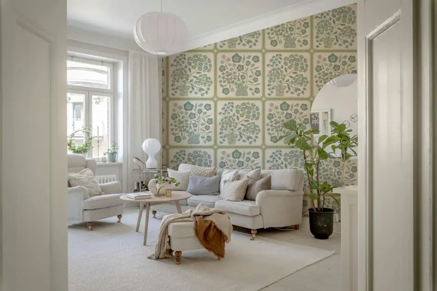Flower Bouquet Tiles Floral Sage Green Blue Wallpaper
