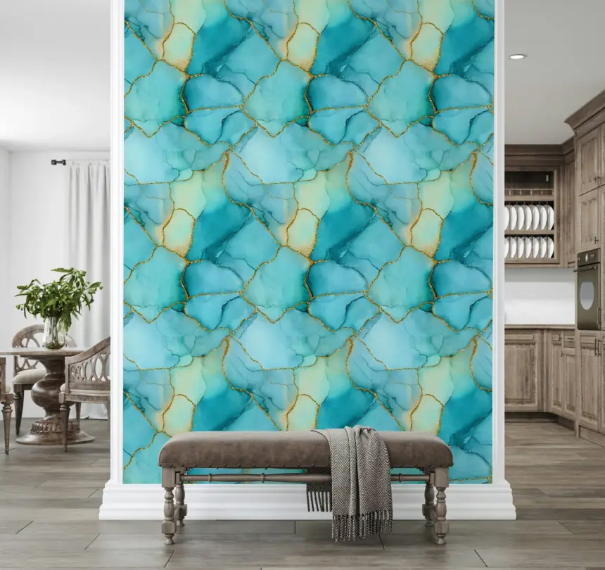Gilded Aqua Dreams Marble Wallpaper