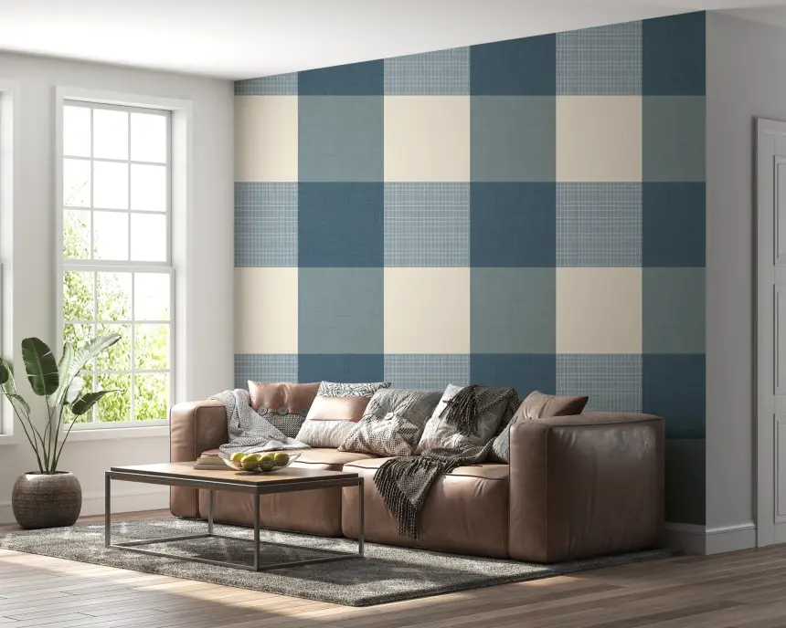 Gingham Dusty Blue Linen Texture Country Wallpaper