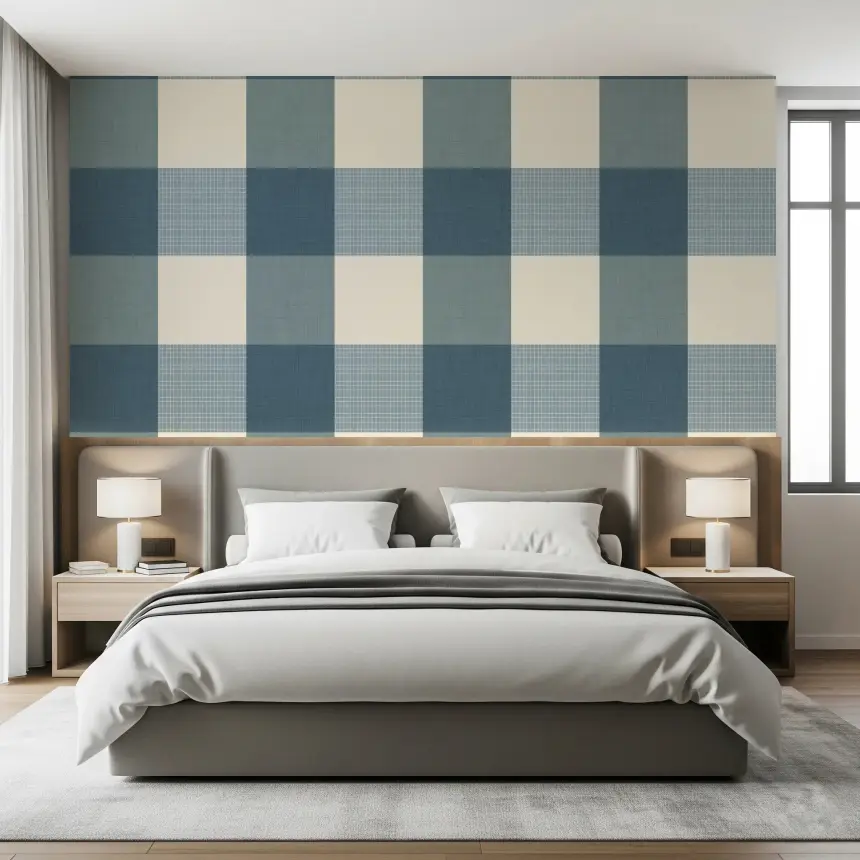 Gingham Dusty Blue Linen Texture Country Wallpaper