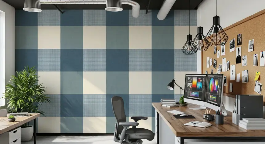 Gingham Dusty Blue Linen Texture Country Wallpaper