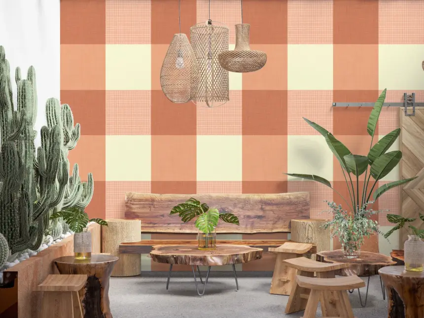 Gingham Peach Linen Texture Country Wallpaper