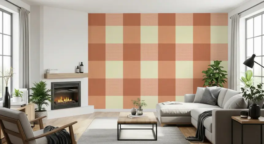 Gingham Peach Linen Texture Country Wallpaper
