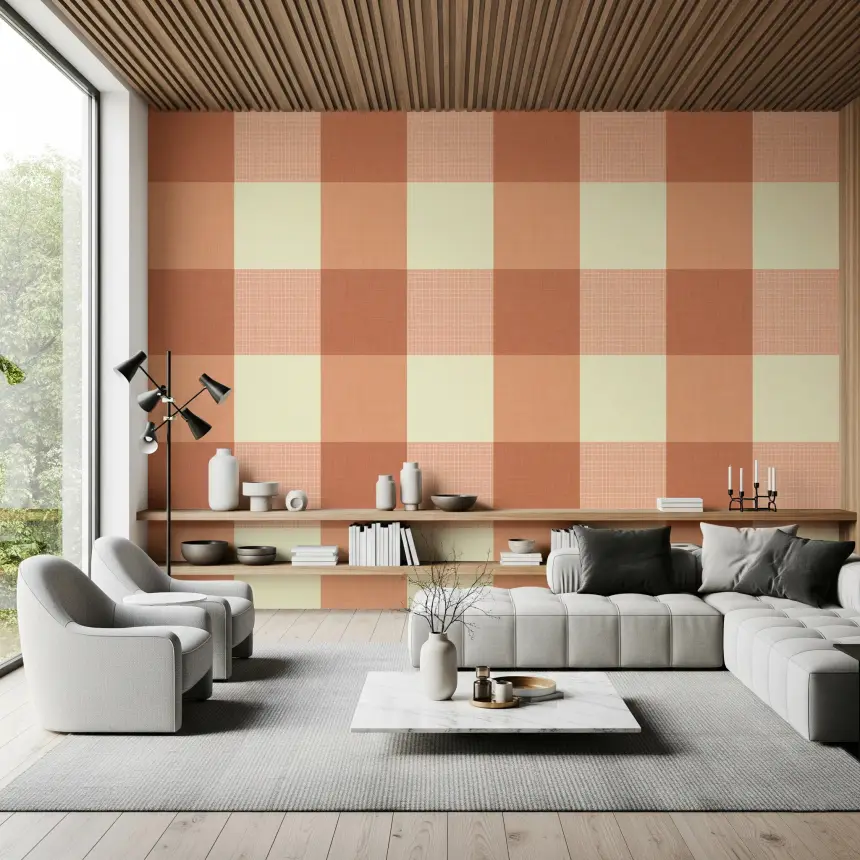 Gingham Peach Linen Texture Country Wallpaper