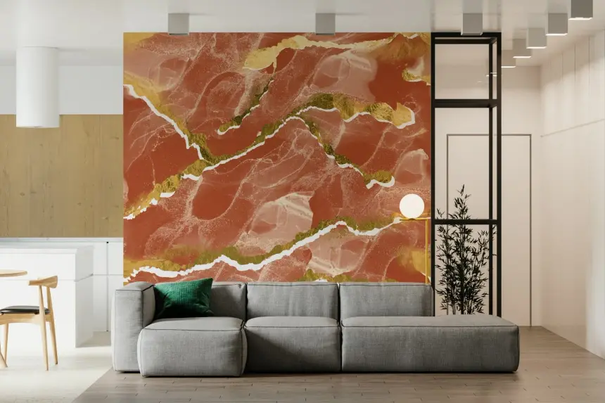 Golden Veins Burnt Sienna Marble - Modern Luxe Abstract Wall Mural