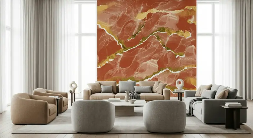 Golden Veins Burnt Sienna Marble - Modern Luxe Abstract Wall Mural
