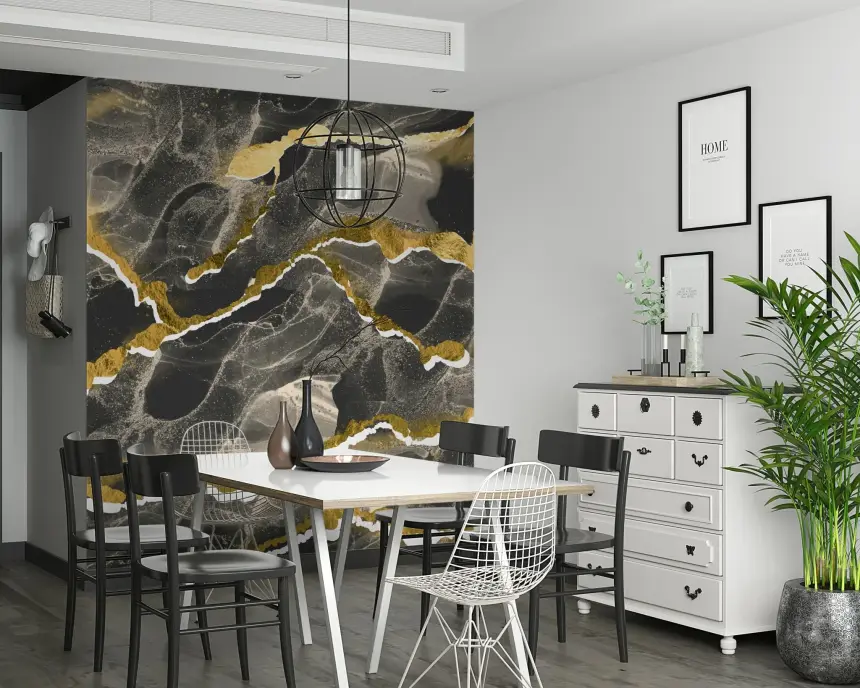 Golden Veins Charcoal Marble - Modern Luxe Abstract Wall Mural