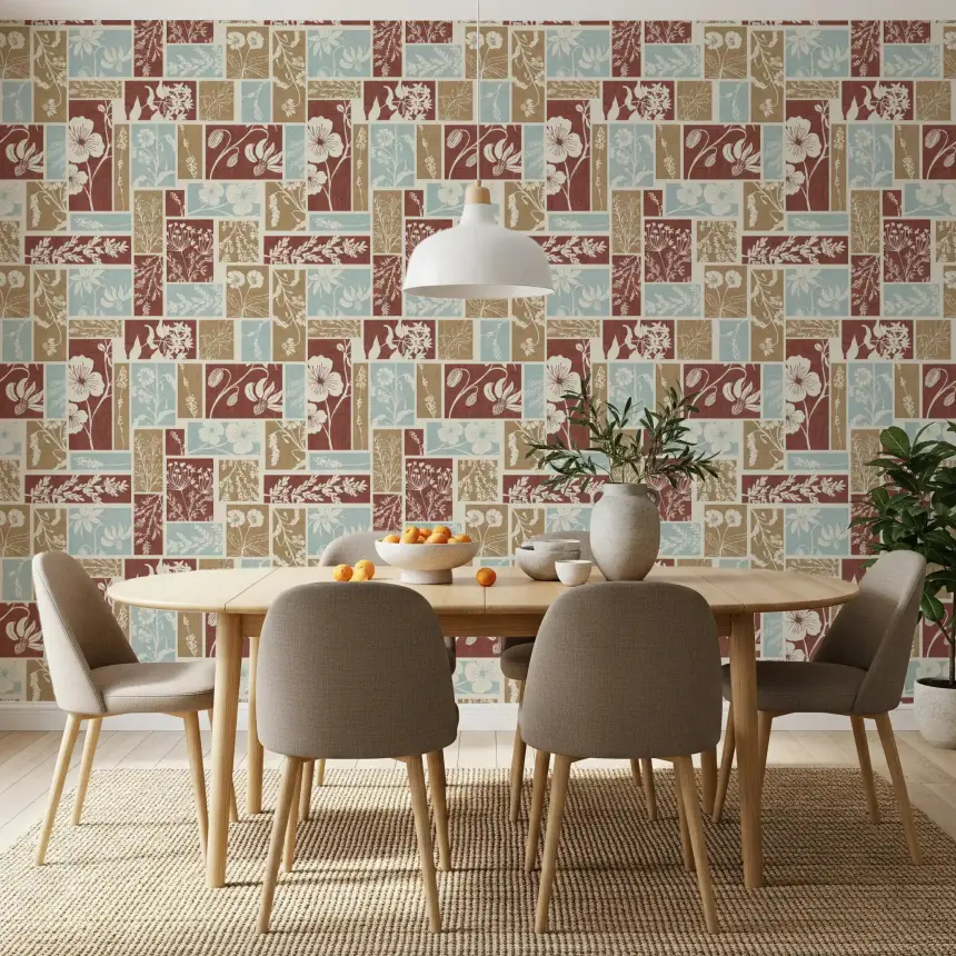 Heirloom Botanical Patchwork Rustic Wallpaper