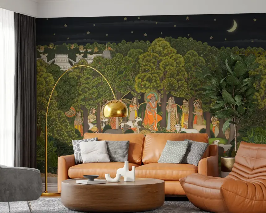 Krishna's Enchanted Forest Night Wall Mural