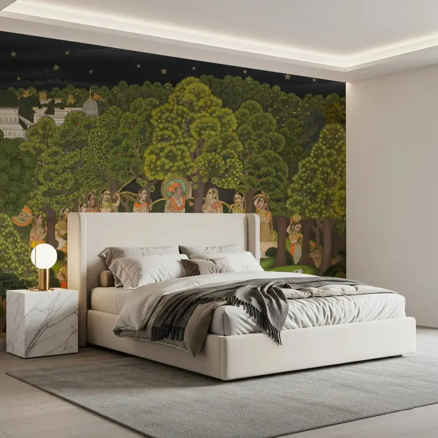 Krishna's Enchanted Forest Night Wall Mural