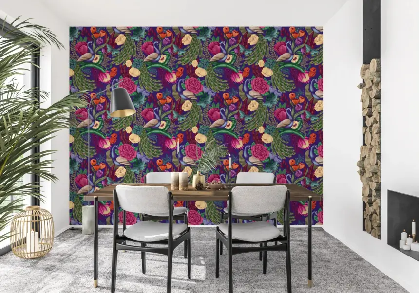 Maximalist Peacock Fantasy Garden - Dark Purple Wallpaper