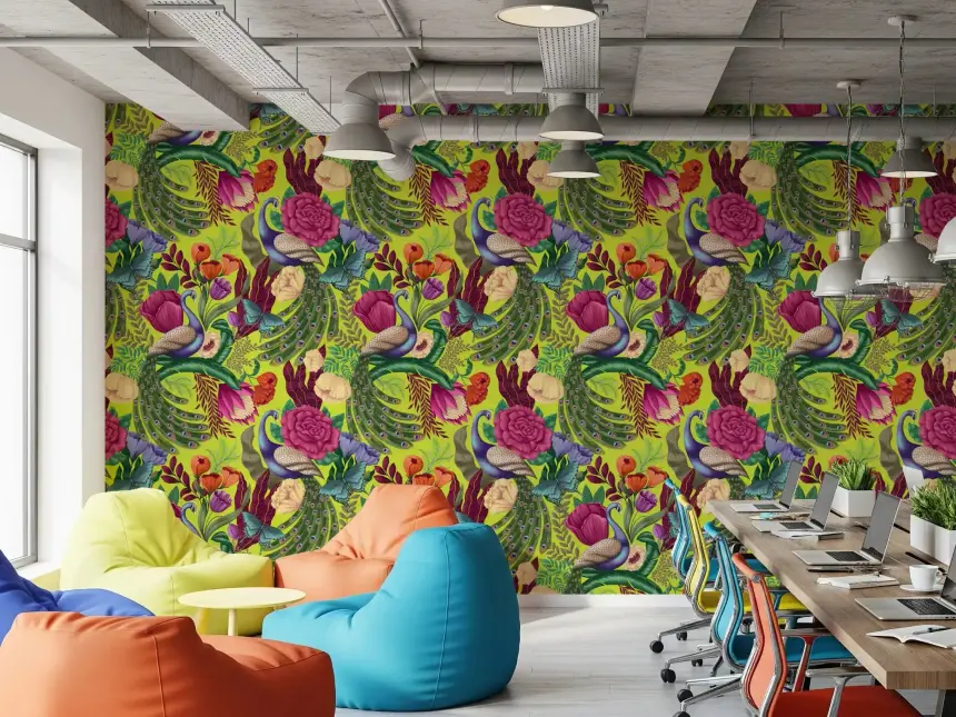 Maximalist Peacock Fantasy Garden - Neon Green Wallpaper