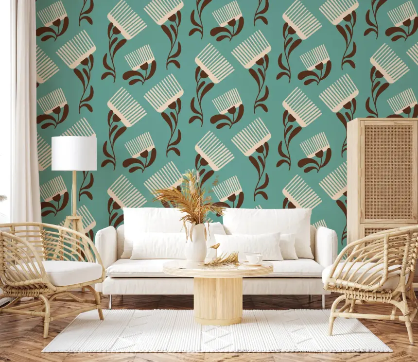 Mid Mod Wildflower Comb - Teal Beige Wallpaper