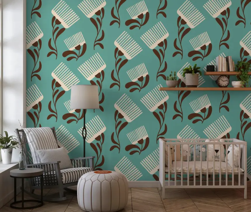 Mid Mod Wildflower Comb - Teal Beige Wallpaper