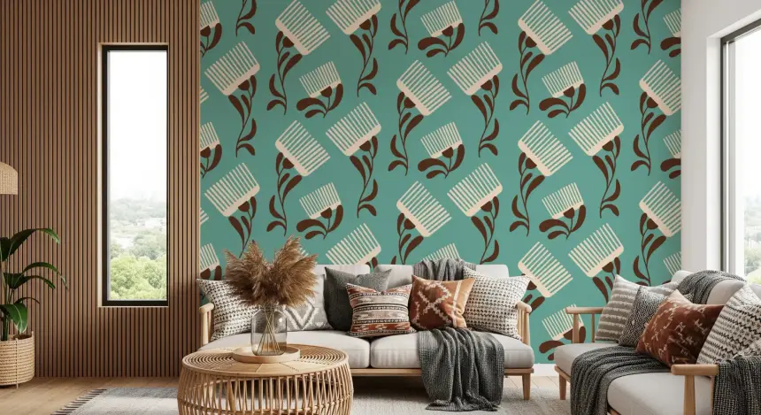 Mid Mod Wildflower Comb - Teal Beige Wallpaper